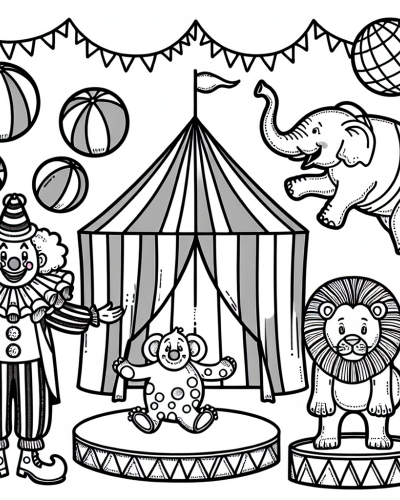 Black and white circus scene color sheet featuring a clown, lion, elephant, and monkey