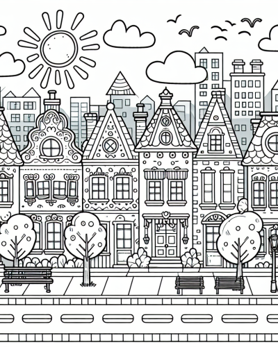 Beautiful city street scene color sheet for kids, featuring detailed houses, trees, benches, and skyscrapers in the background.