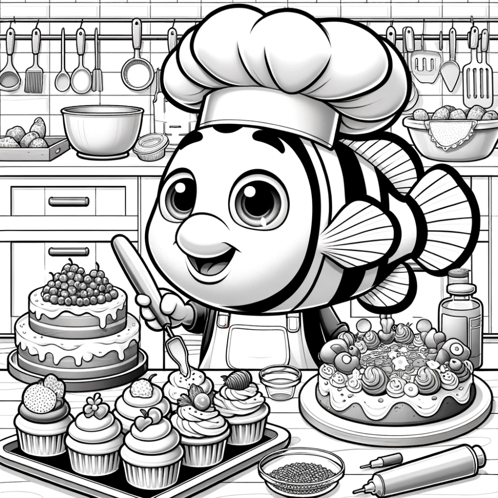Cook Fish Coloring Coloring Page: Chef Fish Color Page for Kids - Creative Baking Fun