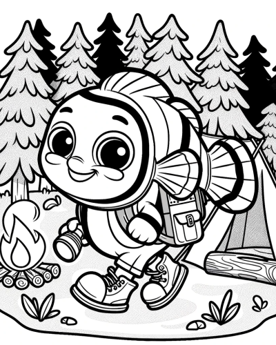 Adorable child-like character camping - color sheet, color page