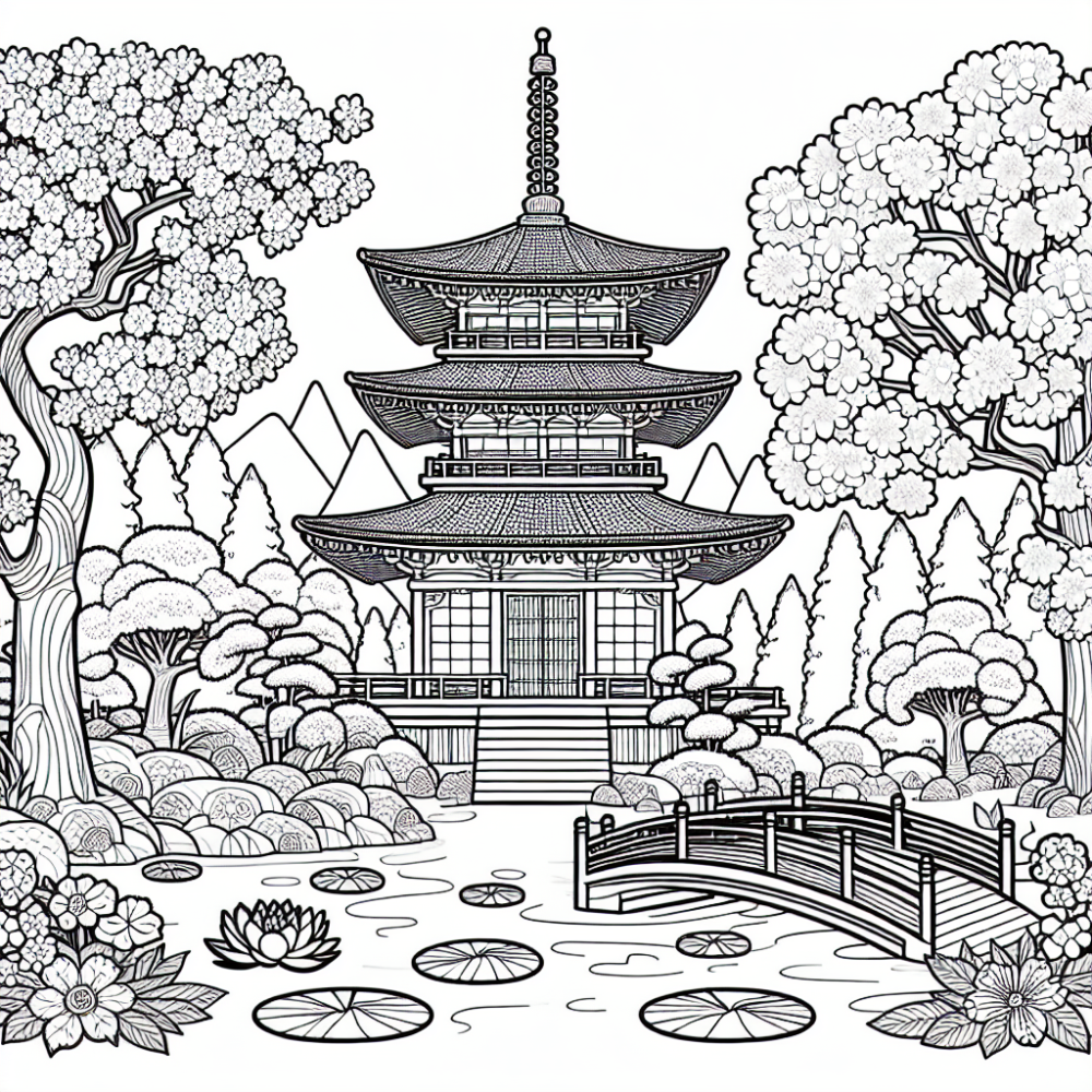 Coloring Page: Beautiful Pagoda Scene Color Page for Kids
