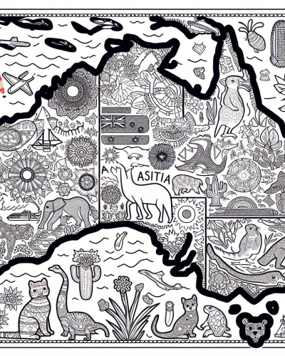Australian wildlife and cultural symbols color sheet, color page for kids