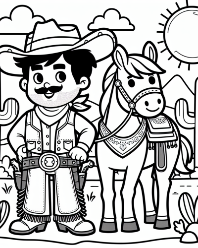 Charming cowboy and horse color sheet, color page