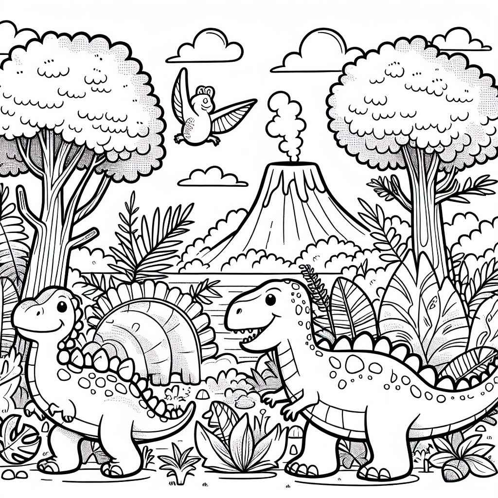 Coloring Page: Exciting Dinosaur Jungle Color Page for Kids