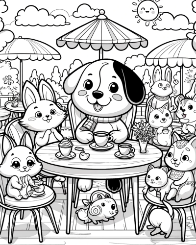 Animated dog and friends at outdoor caf� color sheet, color page for children's coloring activity