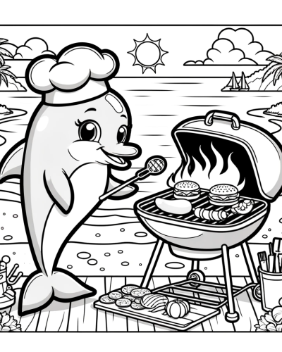 A cheery dolphin chef cooking burgers on a grill, kids' color sheet, color page