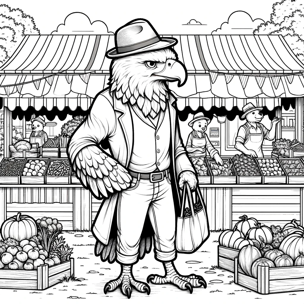 Anthropomorphic eagle at market color sheet for kids, color page