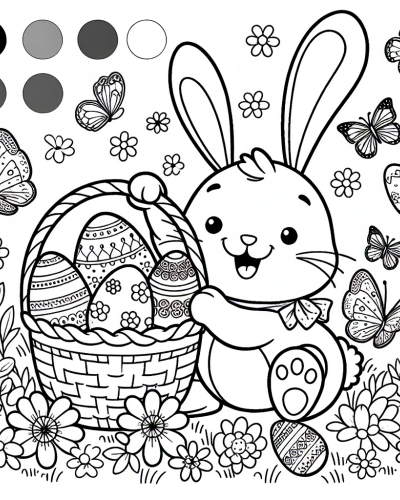 Adorable bunny with Easter eggs coloring sheet, color page for kids