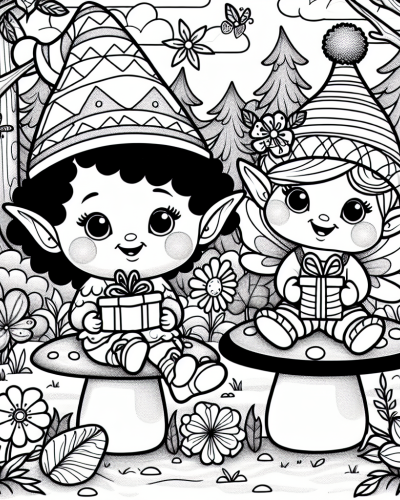 Color sheet featuring a gnome and fairy in a magical forest, perfect color page for kids