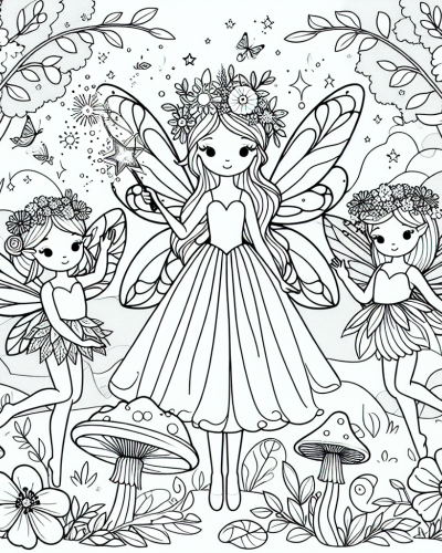 Color sheet of three fairies dancing in a magical forest � perfect color page for kids