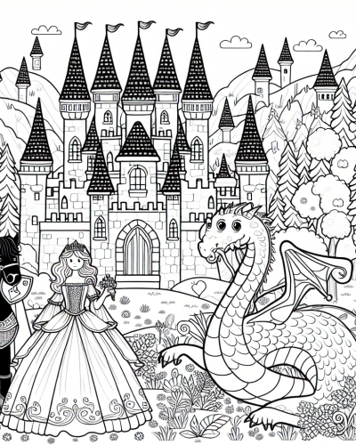 Medieval Kingdom color sheet featuring a princess, knight, and dragon for a kids� color page