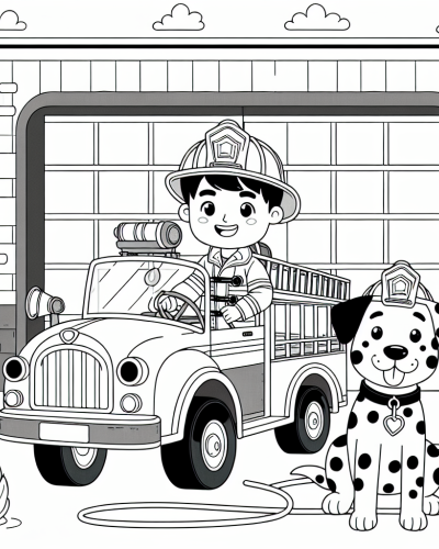Charming firefighter and Dalmatian color sheet, engaging color page for kids