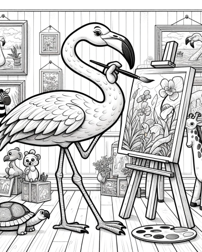 A black and white color sheet of a flamingo painting, ideal for children's color page activities
