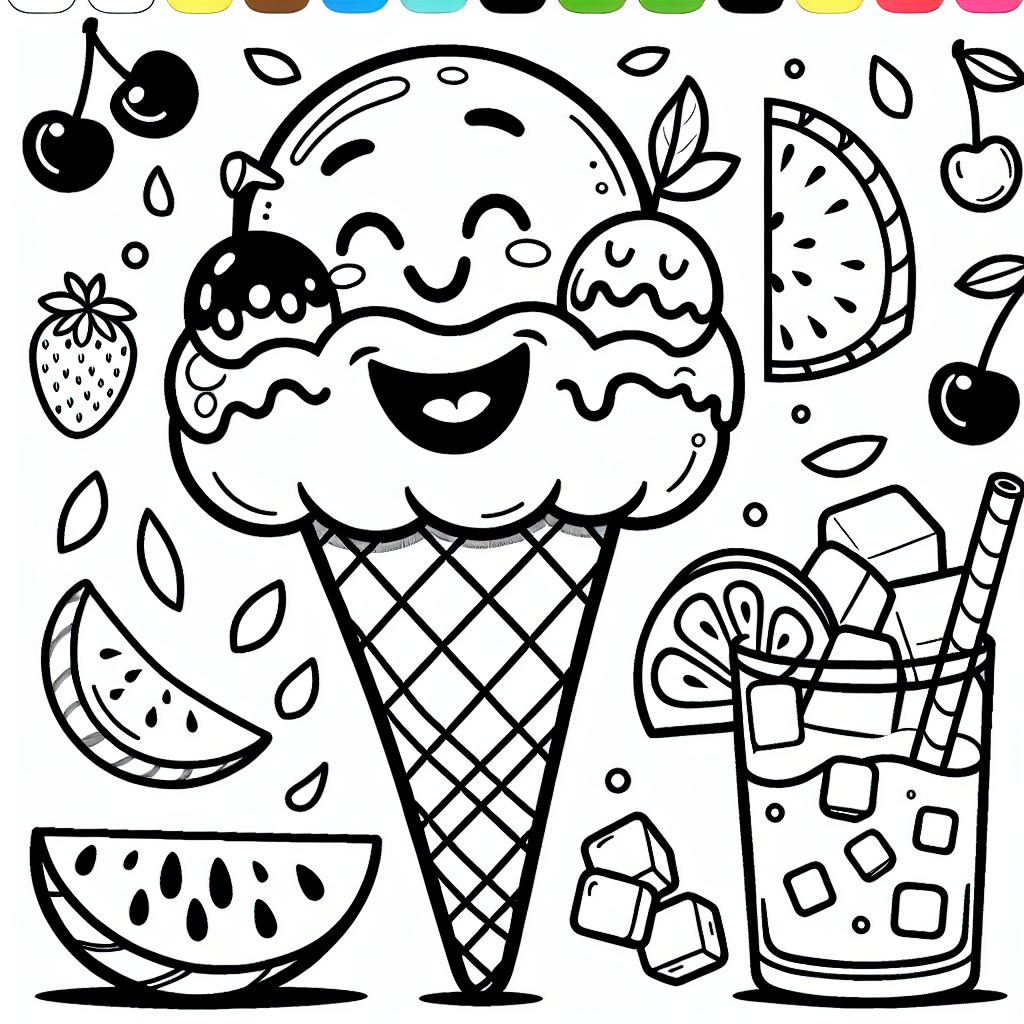 Fun ice cream character color sheet with fruits and a refreshing drink - perfect color page for kids