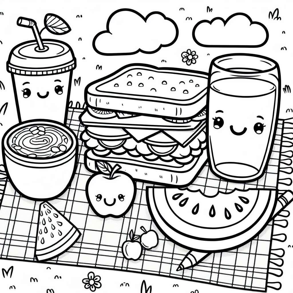 Happy picnic setup color sheet with animated food items, perfect as a color page for kids