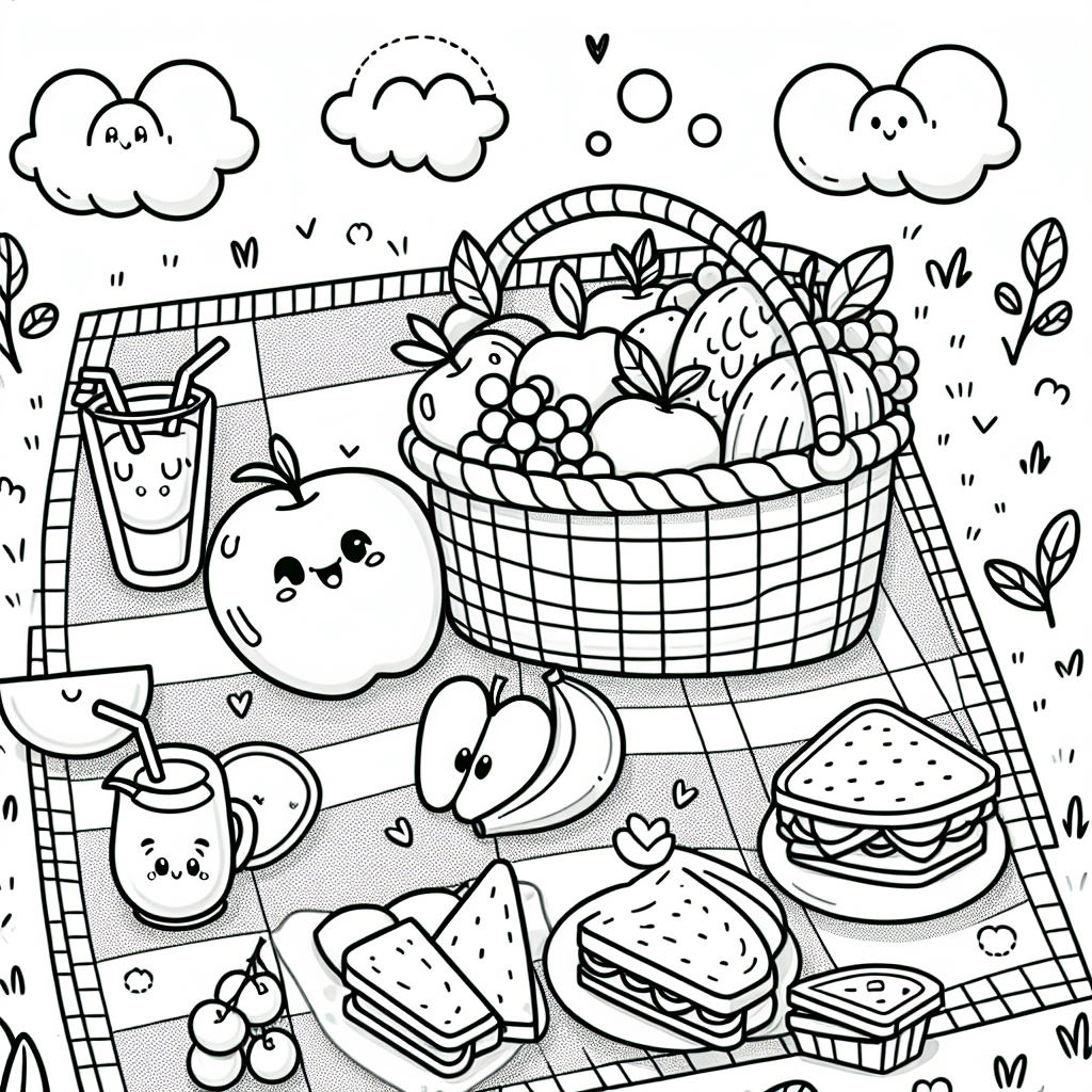 Whimsical picnic scene color sheet for kids
