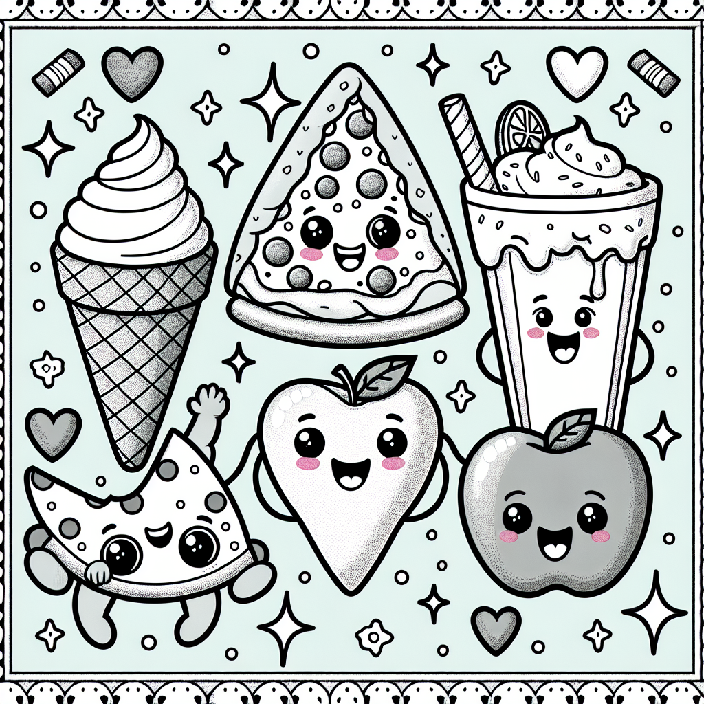 Cheerful food characters color sheet, the perfect color page for kids