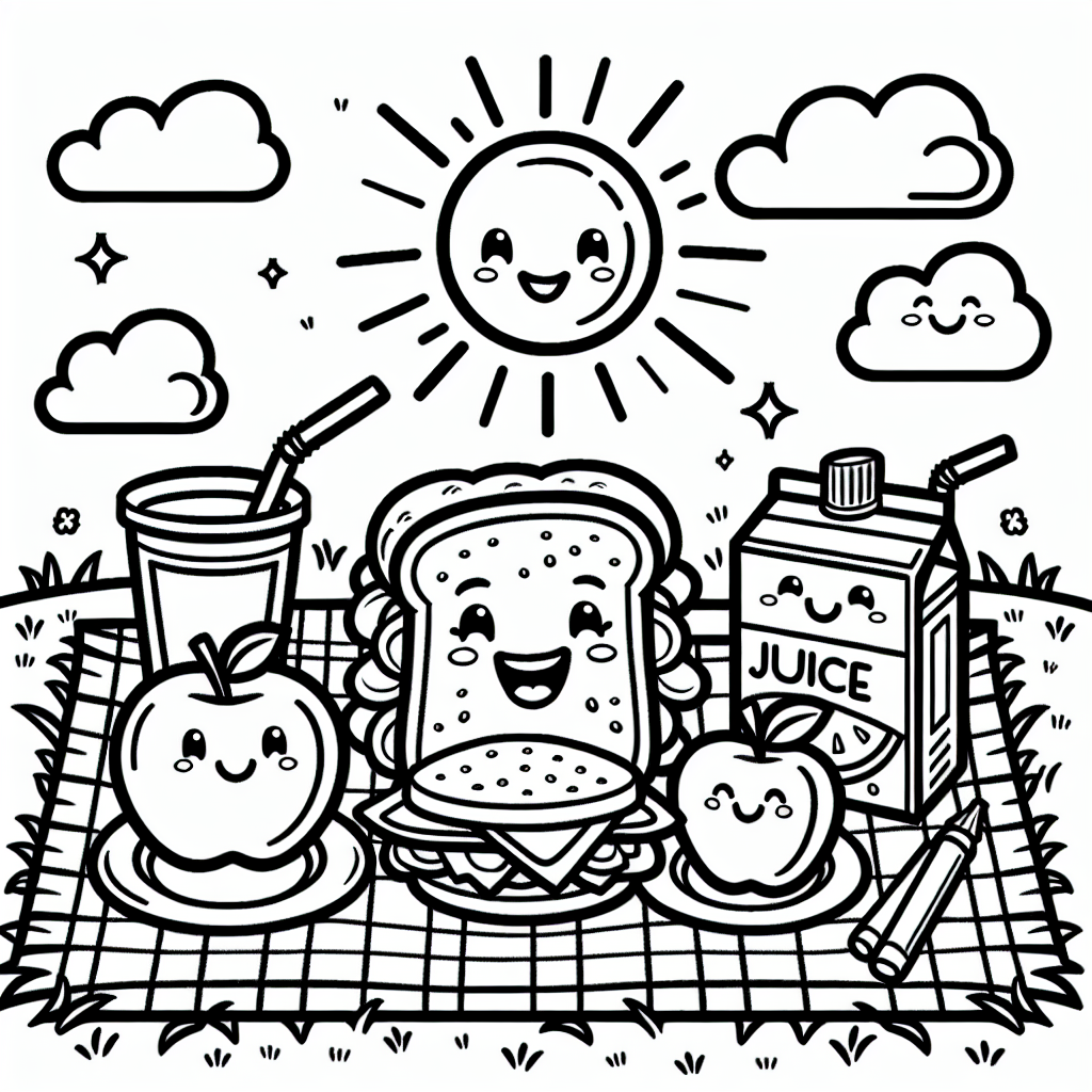 Color sheet, color page showing a delightful picnic scene with smiling food characters