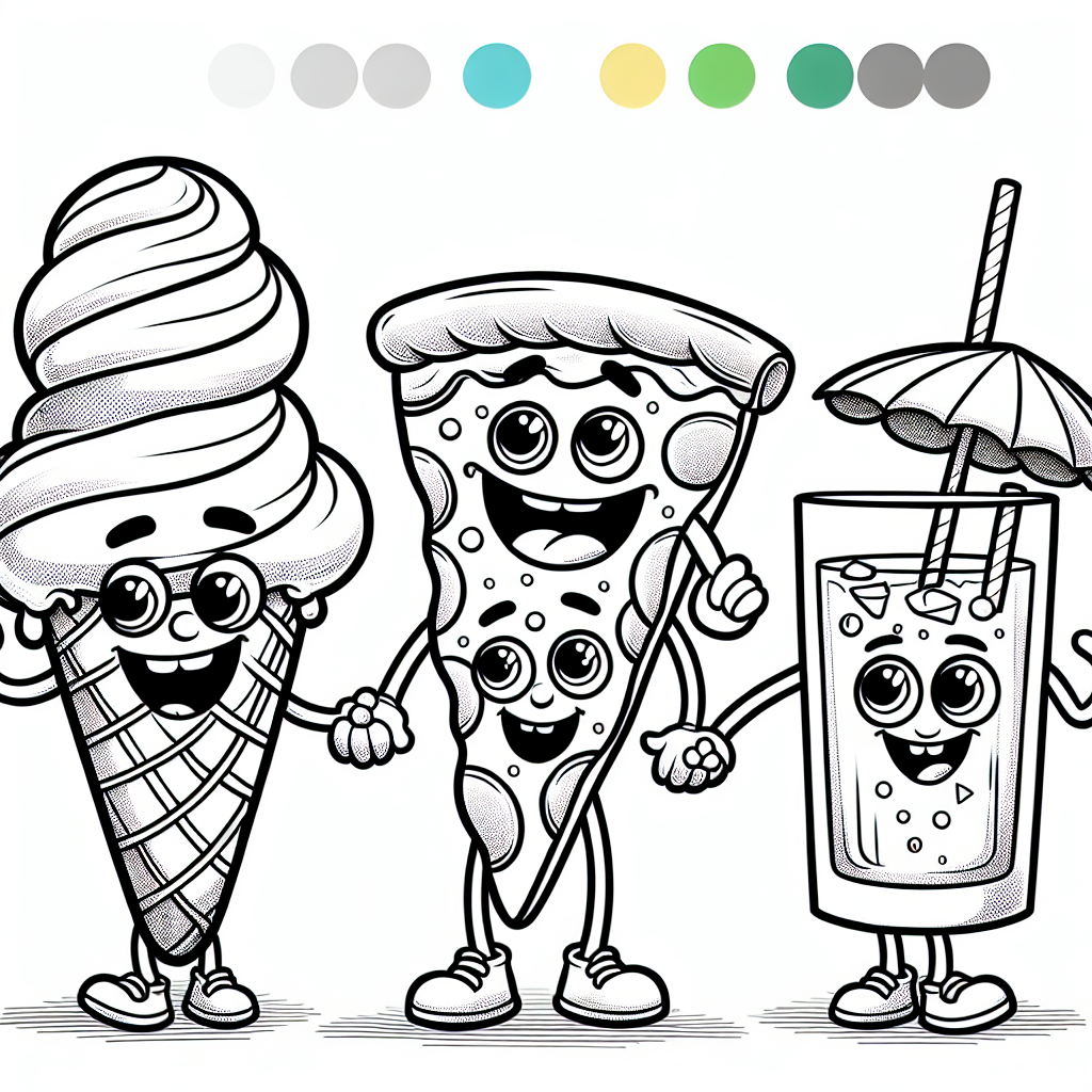 Color sheet of fun food friends holding hands, an ice cream cone, pizza slice, and juice with straw, color page for kids