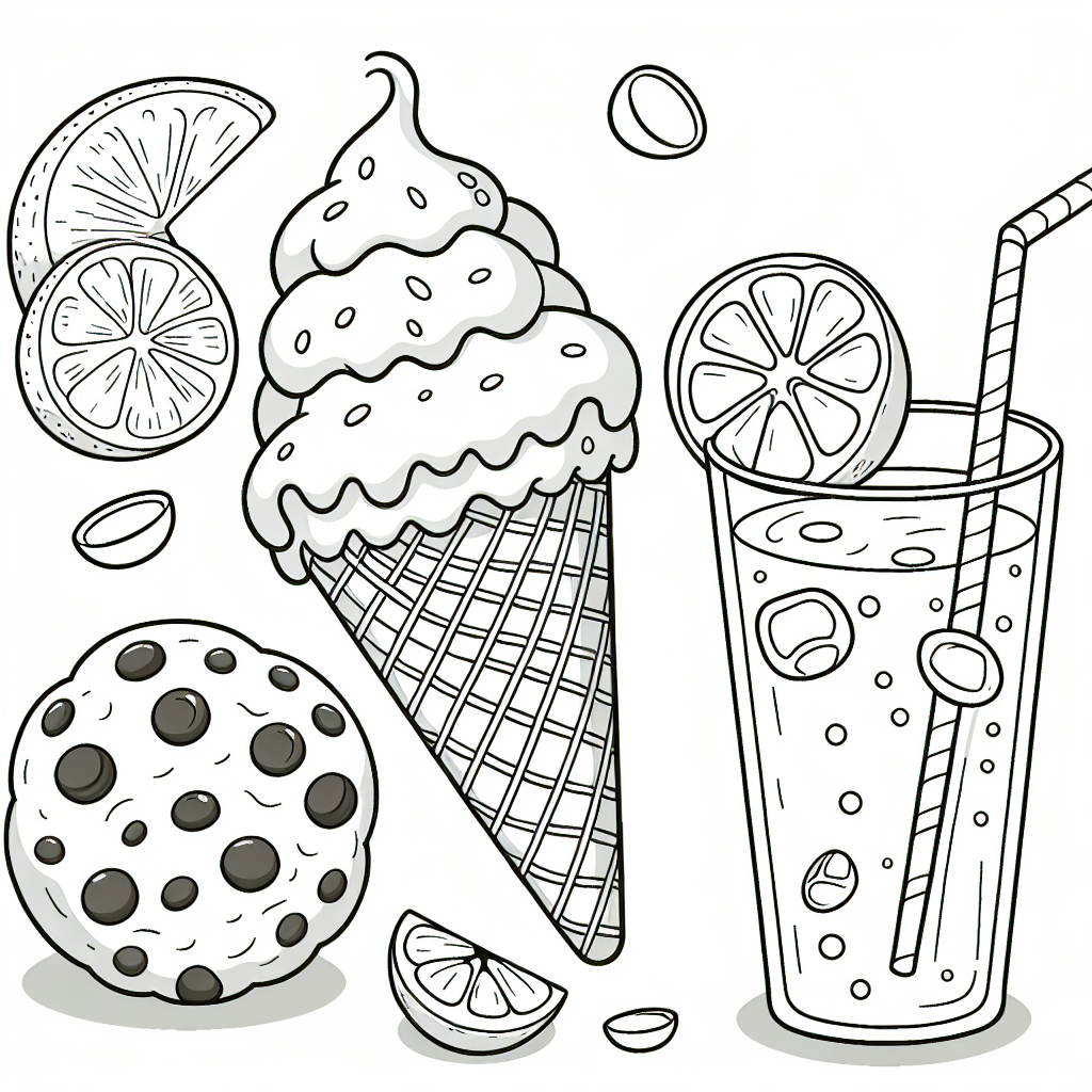 Printable color sheet featuring a cookie, ice cream cone, and lemon juice, perfect color page for kids