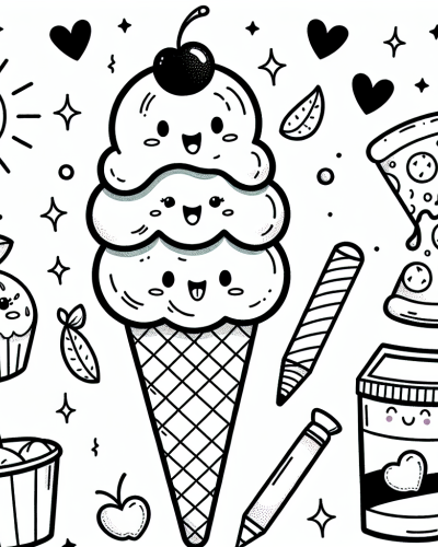 An adorable color sheet featuring a happy ice cream cone and other fun food items, perfect color page for kids