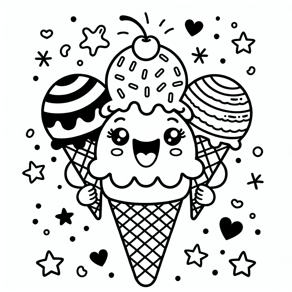 Happy ice cream cone with scoops and cheerful background, perfect color page for kids
