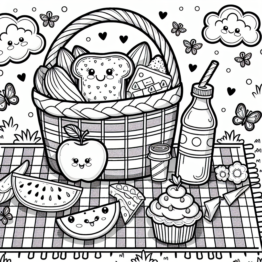 Friendly Picnic Basket Color Sheet, Fun Color Page for Kids