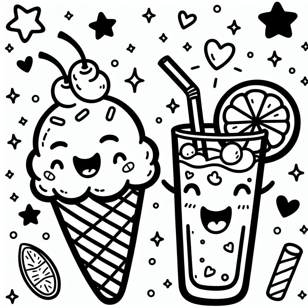 Happy ice cream and drink color sheet, fun color page for kids