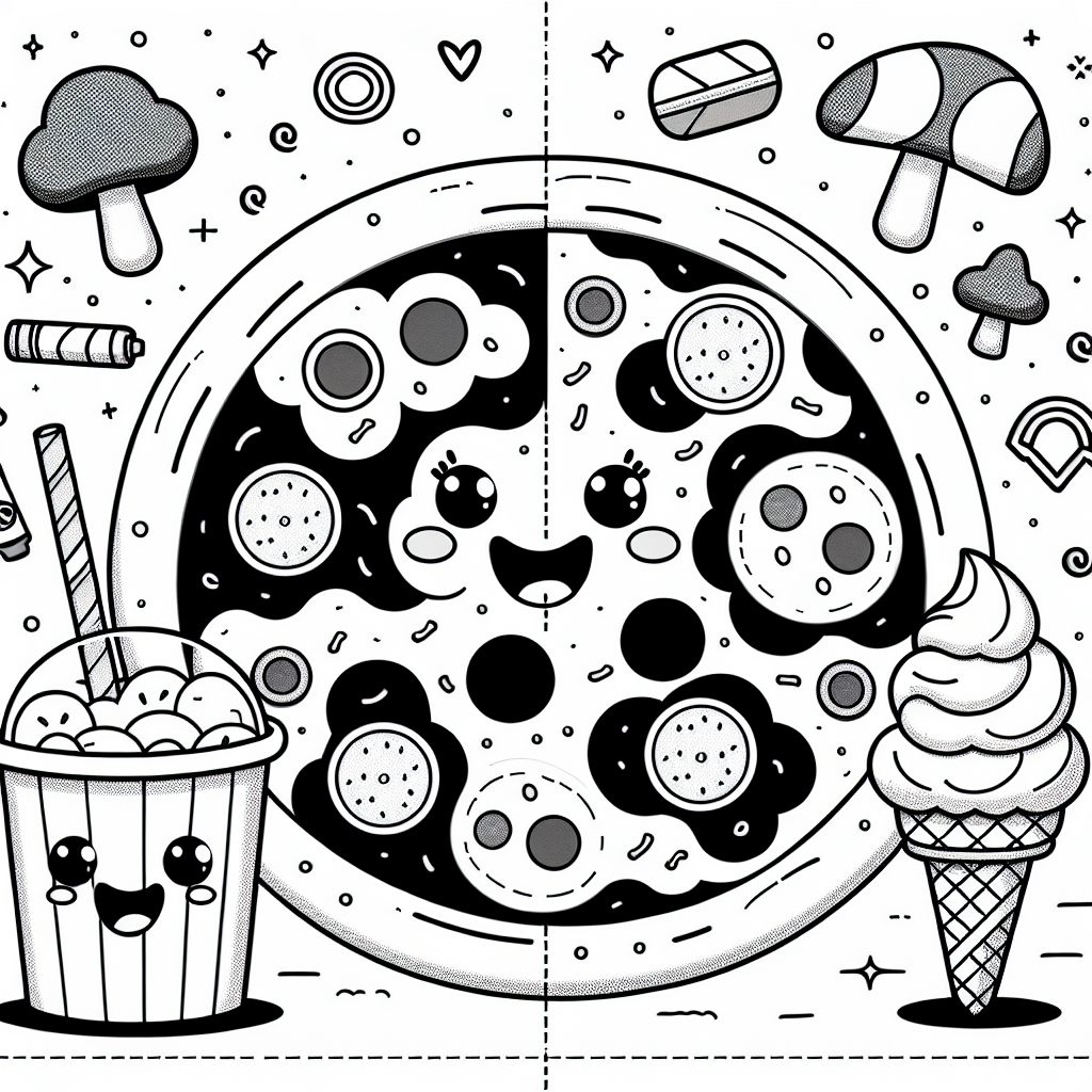 Happy food color sheet featuring a smiling pizza, milkshake, and ice cream - perfect color page for kids