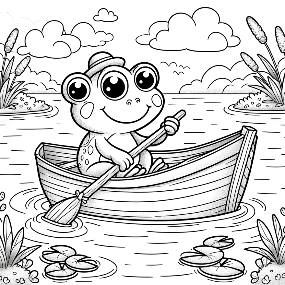 Coloring Page: Cheerful Frog Rowing - Free Color Page for Kids