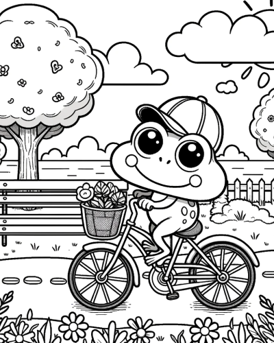 A frog riding a bicycle color sheet, perfect for kids' color page activities