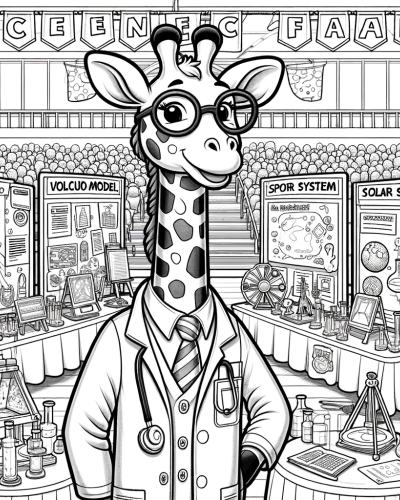 A color sheet of a giraffe scientist at a science fair for a color page activity