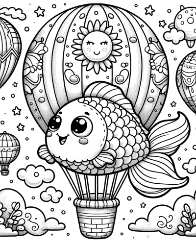 Hot air balloon fish color sheet � Engaging color page for creative fun