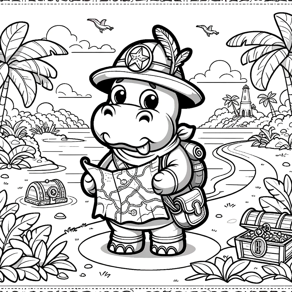 Cartoon hippo explorer on a color sheet for kids