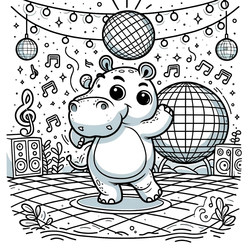 Color sheet of a happy dancing hippo at a party, perfect for a color page activity
