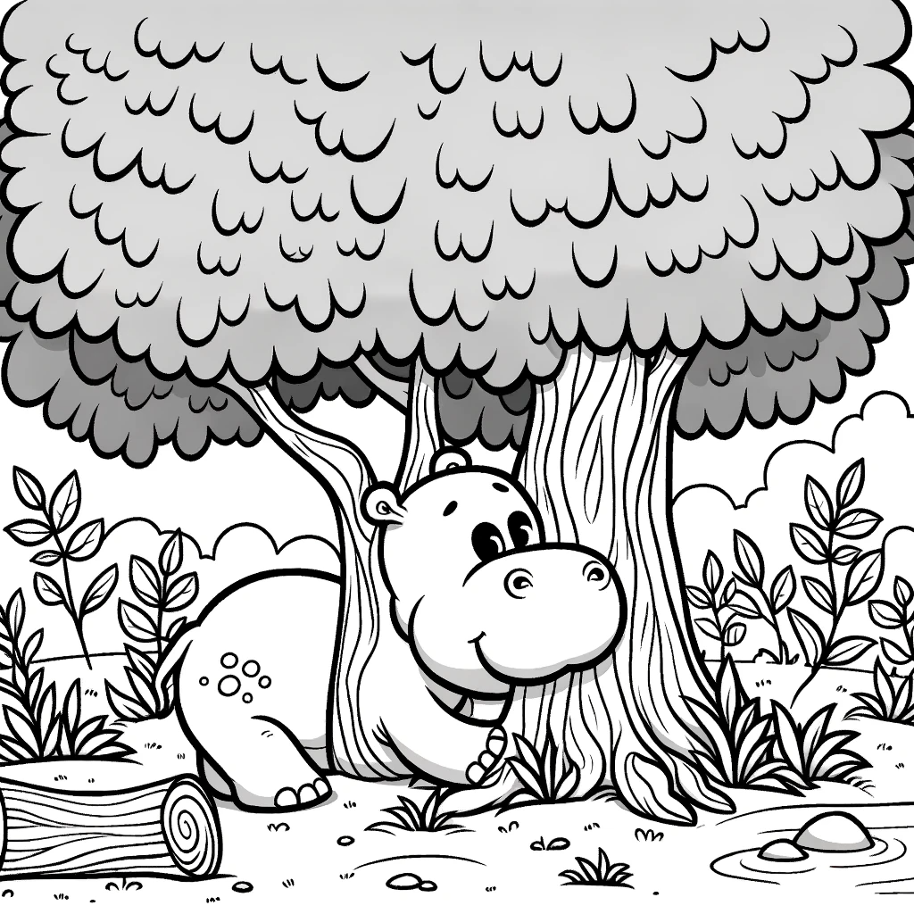 Kid-friendly color sheet of a smiling hippo under a tree