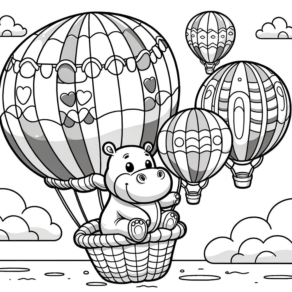 Illustration of hippo riding a hot air balloon - color page for kids, color sheet fun