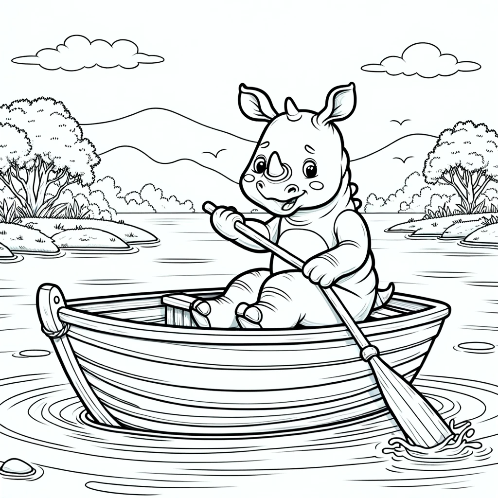 Child-friendly color sheet of a rhinoceros rowing a boat, perfect for a color page activity