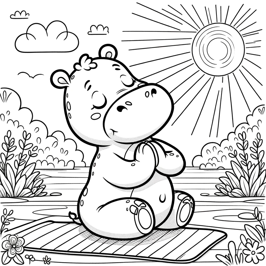 Color sheet of a happy hippo sunbathing - perfect for a children's color page activity