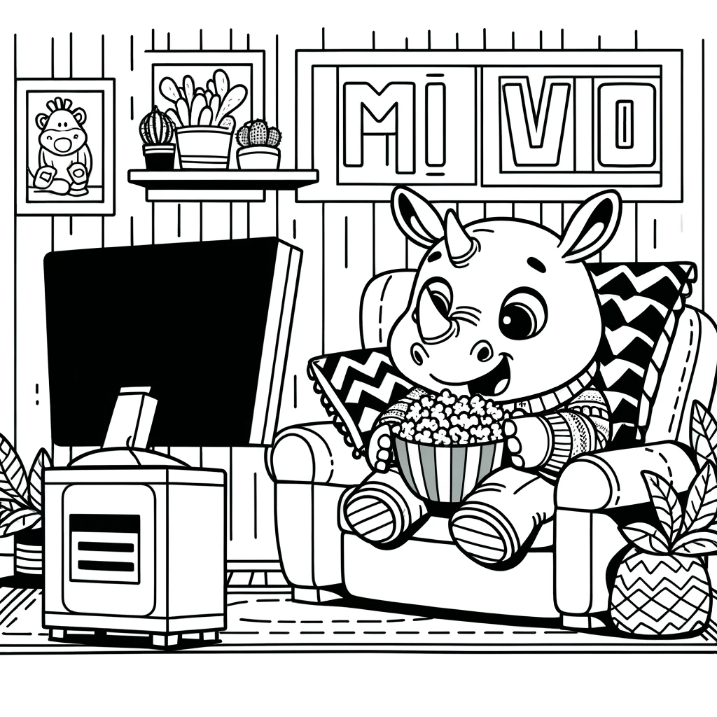 Cartoon rhino watching TV, perfect for a color sheet or color page activity
