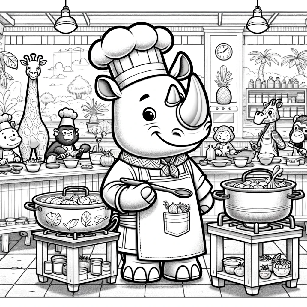 Animated rhino chef cooking in kitchen - color sheet, color page