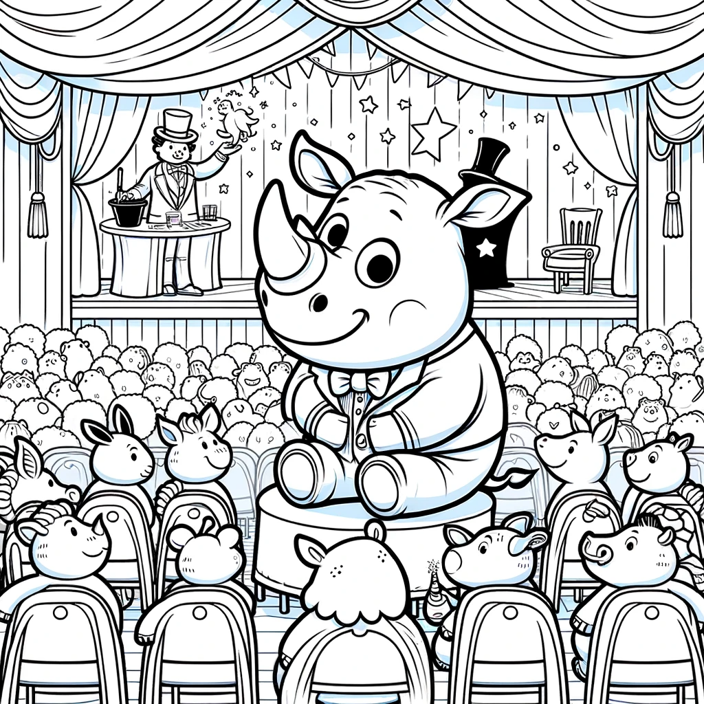 Rhino magician performing for animal audience color sheet, color page