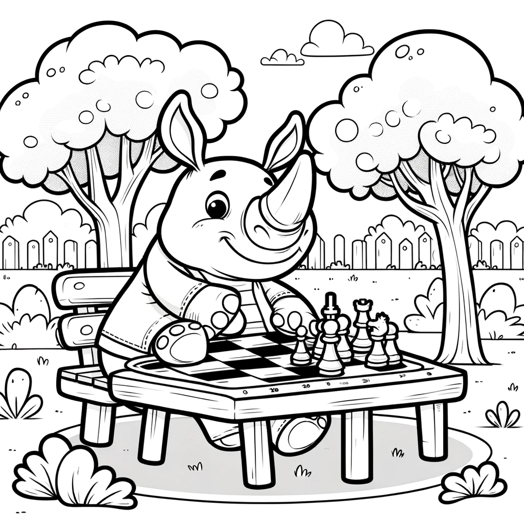 Rhino playing chess color sheet and color page for children's activity
