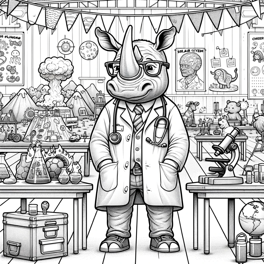 Illustration of a rhino scientist in a lab - color sheet for kids, educational coloring page