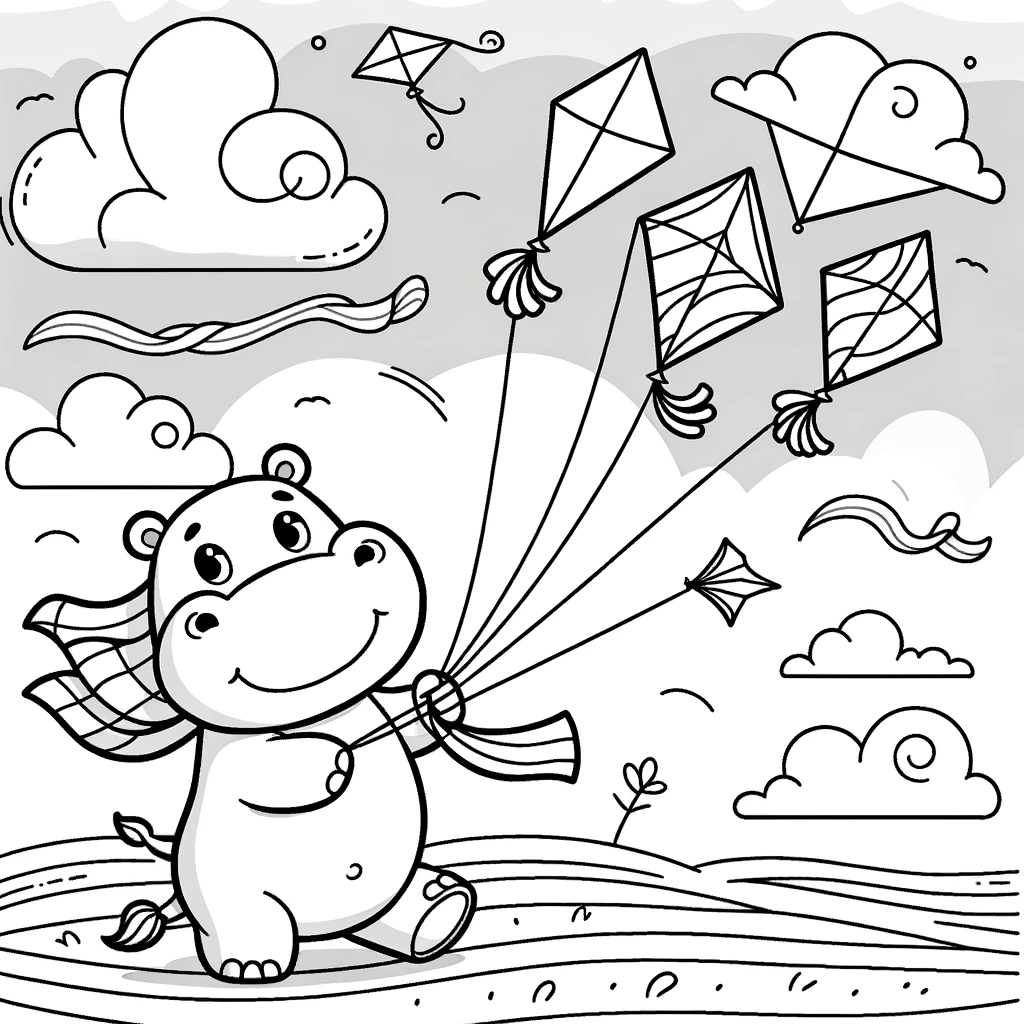 Hippo with kites color sheet for kids, printable color page
