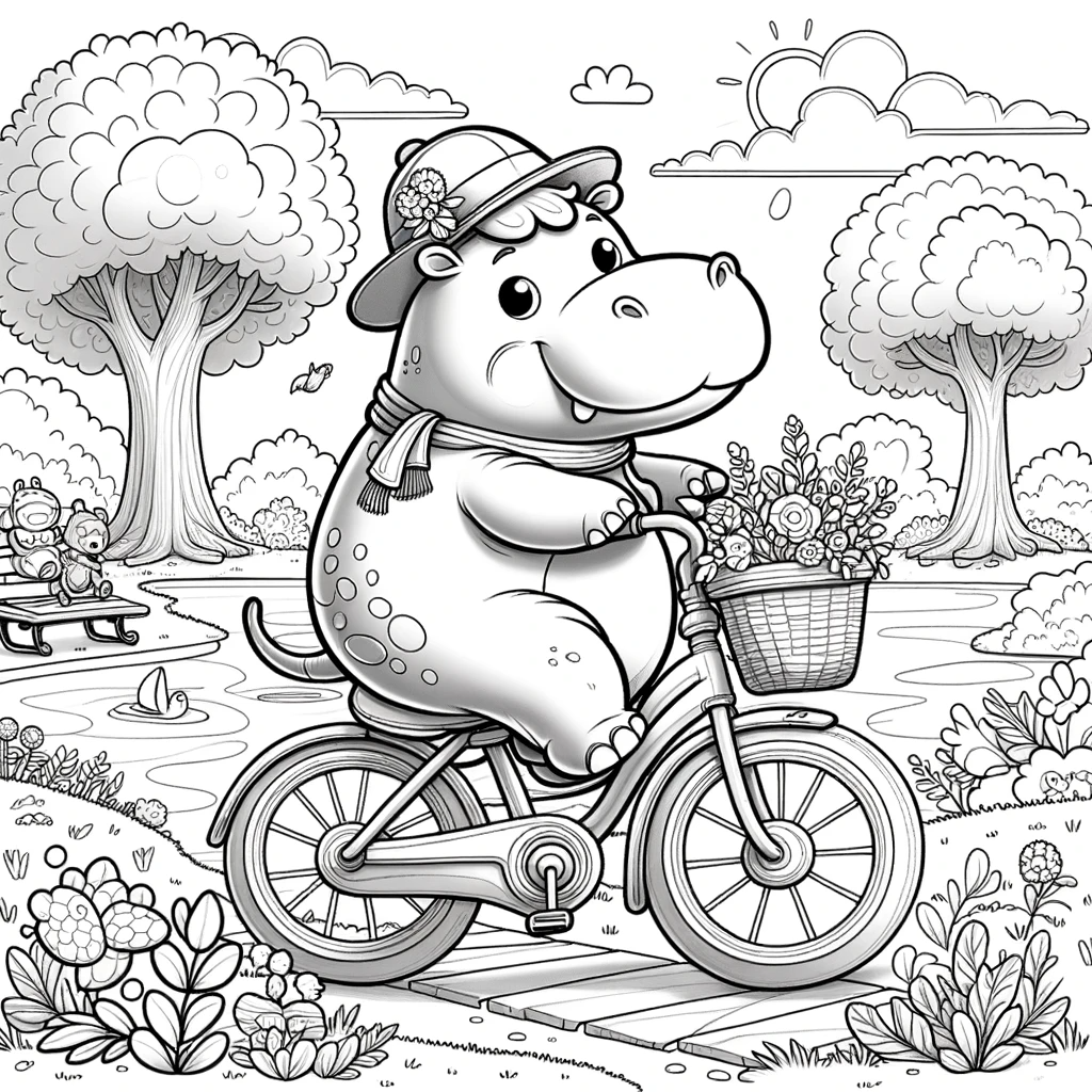 Adorable hippo on a bike color sheet, fun color page activity