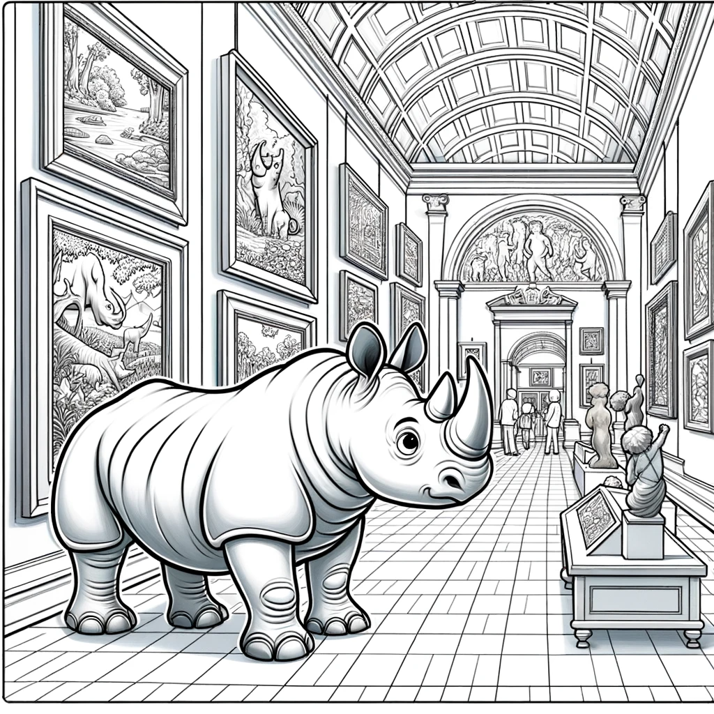 Rhino in Art Gallery Color Sheet for Children