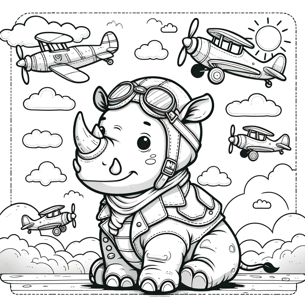 Adorable rhino pilot color sheet, aviation-themed color page for children