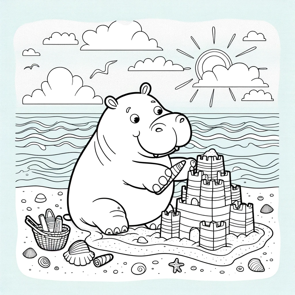 Cute hippo building a sandcastle - color sheet, color page for kids