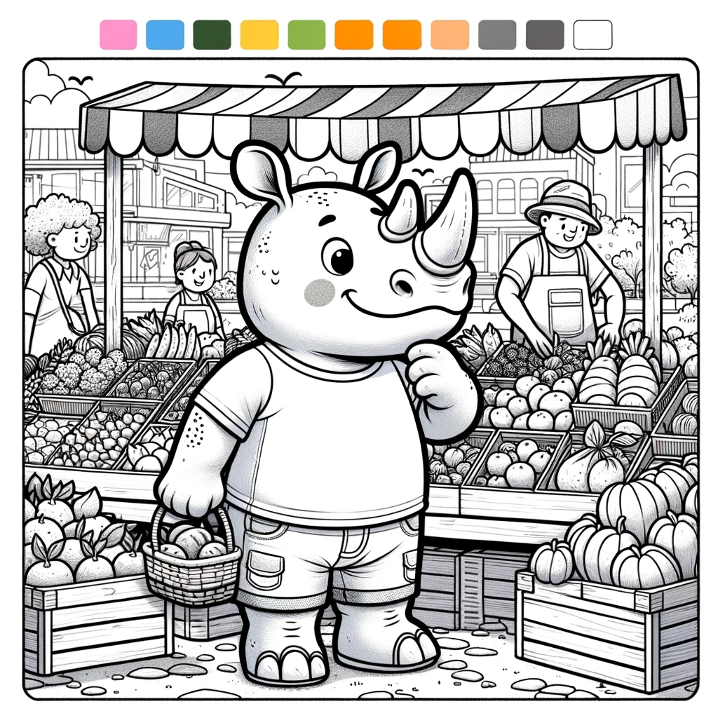 Rhino at Farmer's Market - Kids' Color Sheet Activity